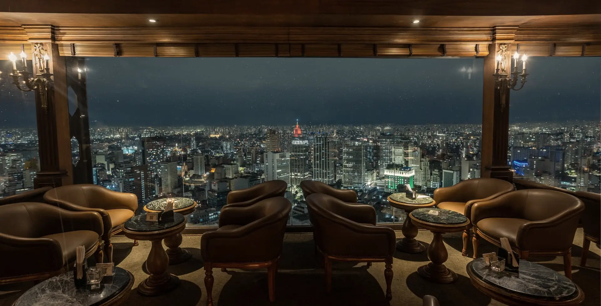 Der Salon des Terraço Itália bei Nacht, die Sessel dem erleuchteten São Paulo zugewandt